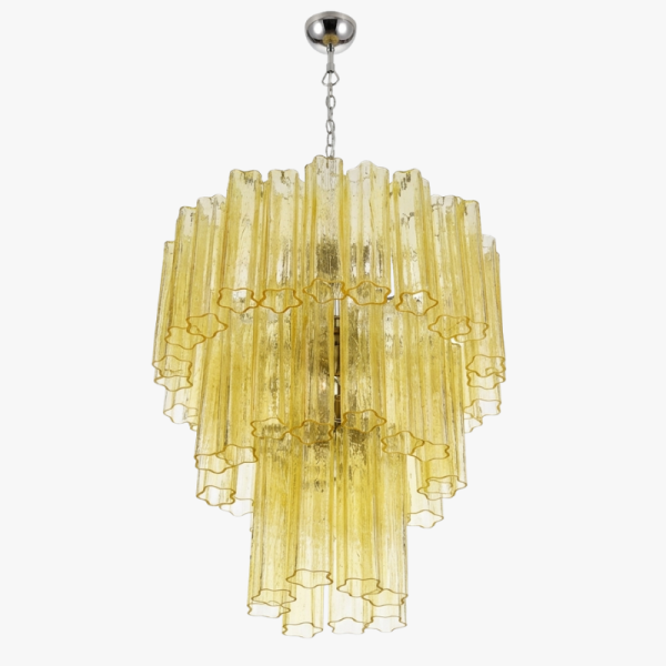 Велика триярусна люстра Venini із скла у вигляді трубок – 48 скляних елементів прозорого янтарного кольору. MURANO TUBE 174