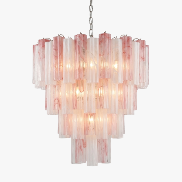 Величезна багатоярусна люстра зі скла – 80 скляних елементів – трубки з рожевого та білого алебастрового скла. MURANO TUBE 217