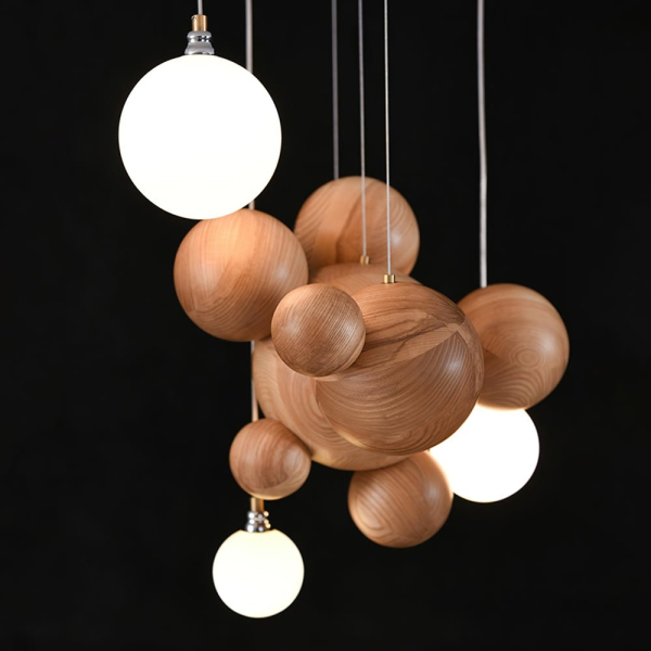 Люстра Bubble Wood Balls — люстри дизайнерські, колір дерева і колір горіха, з матеріалу  метал, дерево, стиль сучасний