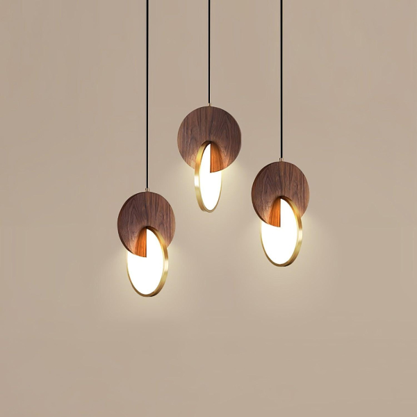 Подвесной светильник с двойным диском — цвет ореха і золото, из материала метал, дерево, стиль модерн