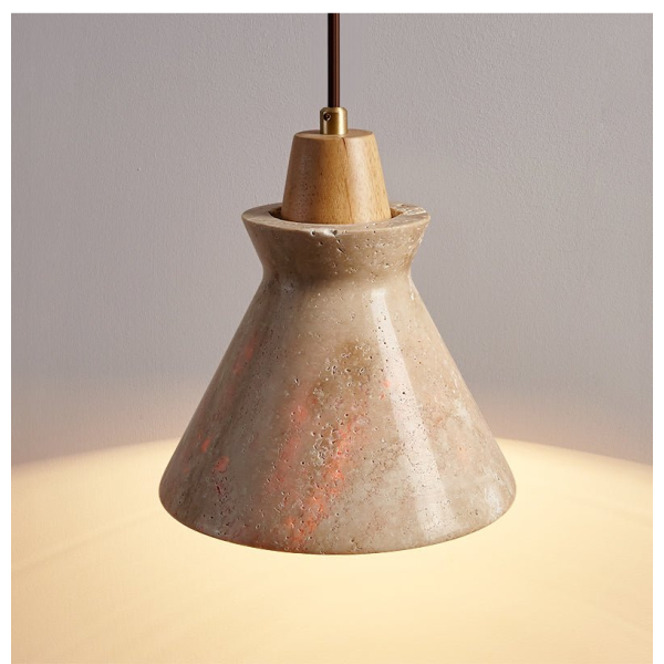 Підвісний світильник Ember Travertine Cone — колір горіха і жовтий, з матеріалу жовтий травертин, дерево, стиль модерн