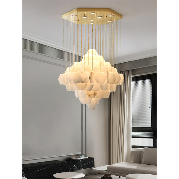 Каскадна люстра Hexa Alabaster — люстри дизайнерські, колір золото і білий, з матеріалу метал,  алебастр, стиль сучасний