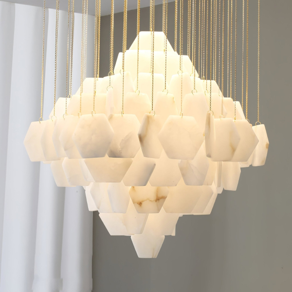 Каскадна люстра Hexa Alabaster — люстри дизайнерські, колір золото і білий, з матеріалу метал,  алебастр, стиль сучасний