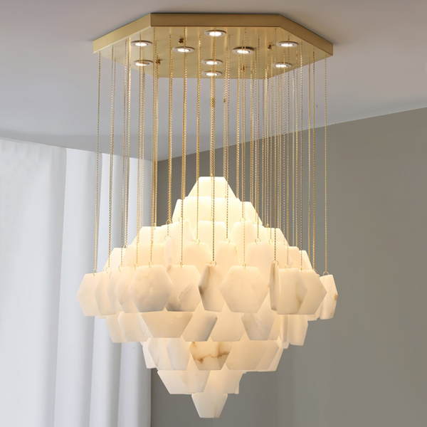 Каскадна люстра Hexa Alabaster — люстри дизайнерські, колір золото і білий, з матеріалу метал,  алебастр, стиль сучасний