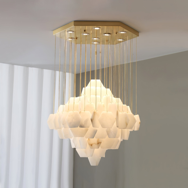 Каскадна люстра Hexa Alabaster — люстри дизайнерські, колір золото і білий, з матеріалу метал,  алебастр, стиль сучасний