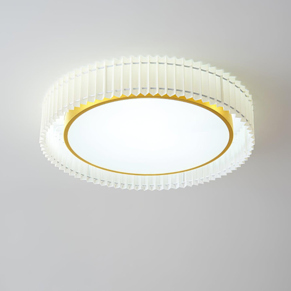 Кругла стельова лампа зі складками — стельовий світильник, колір золото і бежевий, з матеріалу метал, тканина, стиль ретро