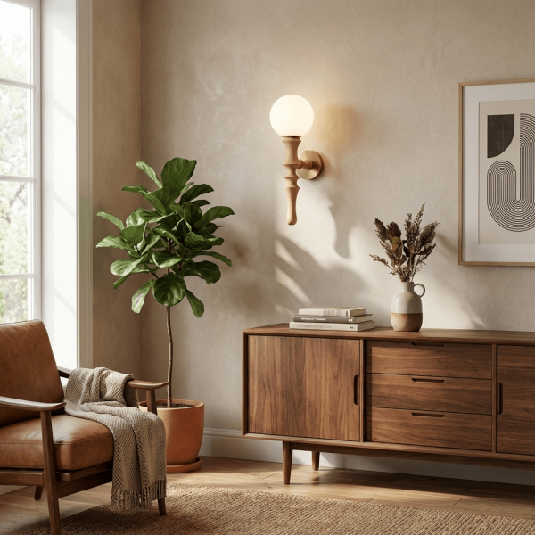 Настінний світильник Thalor Wood Globe — бра, колір дерева і колір горіха, з матеріалу метал,  акрил, стиль модерн