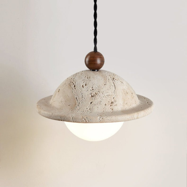 Підвісний світильник Travertine Saucer — колір жовтий і колір горіха, з матеріалу  жовтий травертин, дерево, стиль модерн