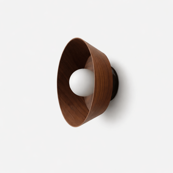 Настінний світильник Vireo Wood Disc — бра, колір білий і колір горіха, з матеріалу метал,  жовтий травертин, стиль модерн