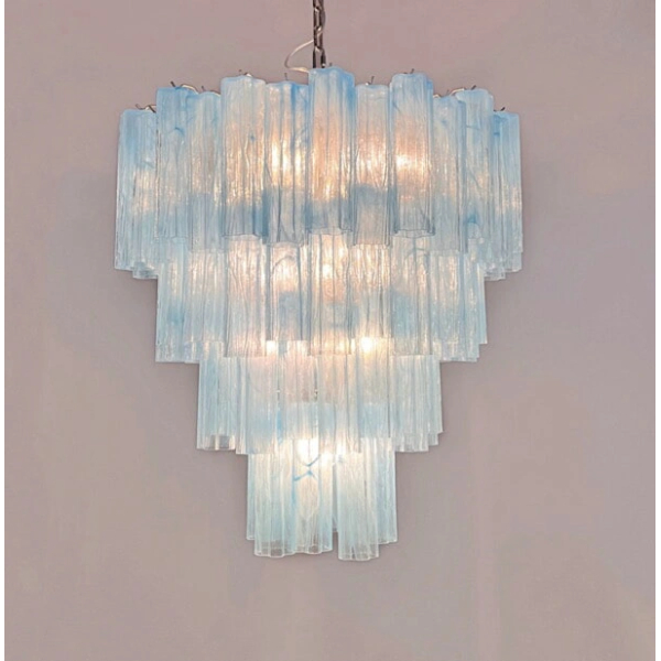 Величезна багатоярусна люстра зі скла – 80 скляних елементів – трубка із синього алебастрового скла. MURANO TUBE 219