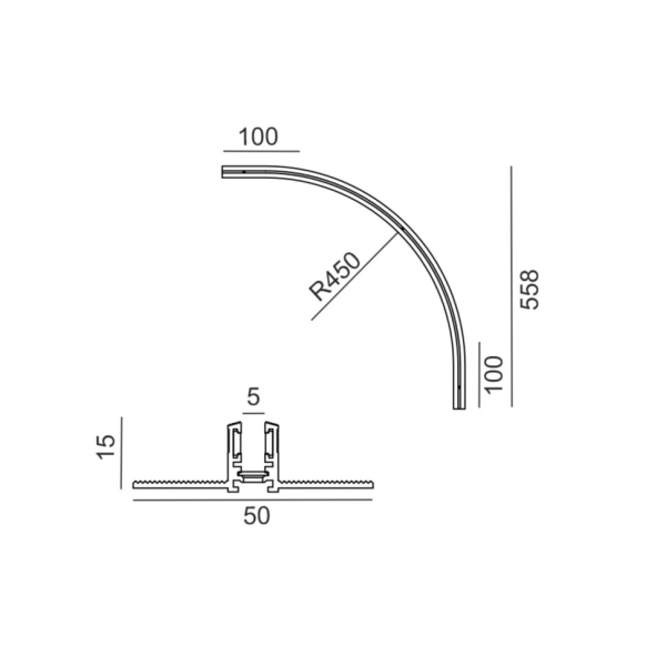 Вбудований радіальний кут PICO_LINE ARC R, R450mm, 558x558mm, H15mm, чорний (16.RC45.BK)