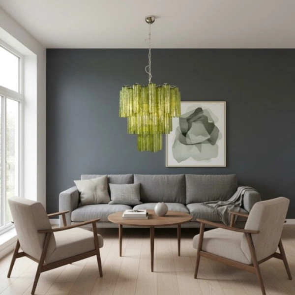 Триярусна люстра зі скла у вигляді трубок – 48 зелених келихів – стиль середини XX століття. MURANO TUBE 197