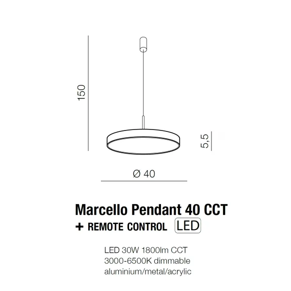 Современная люстра MARCELLO PENDANT 40 CCT WH + REMOTE CONTROL в стиле хай-тек в гостиную, кухню, Azzardo
