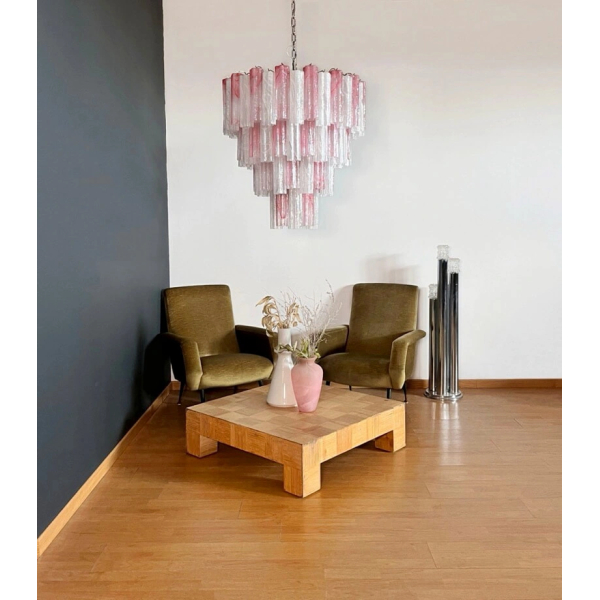 Величезна багатоярусна люстра зі скла – 80 скляних елементів – трубки з рожевого та білого алебастрового скла. MURANO TUBE 217