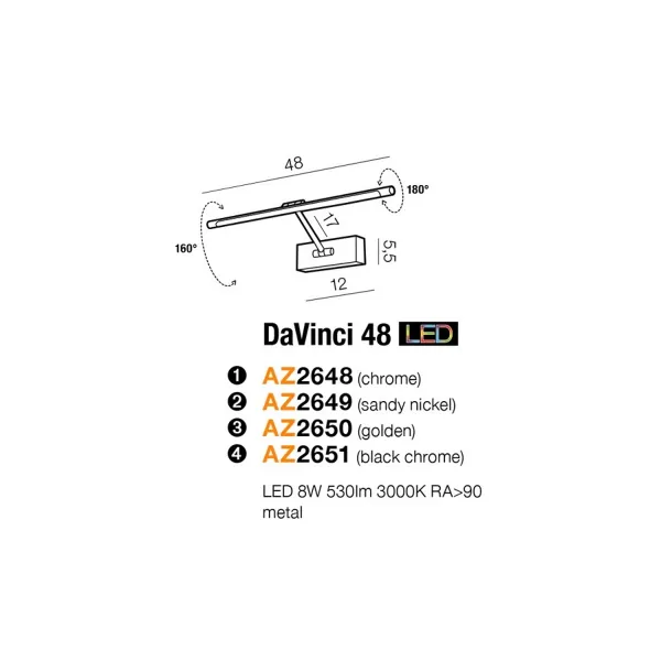 Светильник настенный светодиодный в спальню и гостиную DAVINCI 48 SATIN NICKEL Azzardo, LED бра в стиле модерн