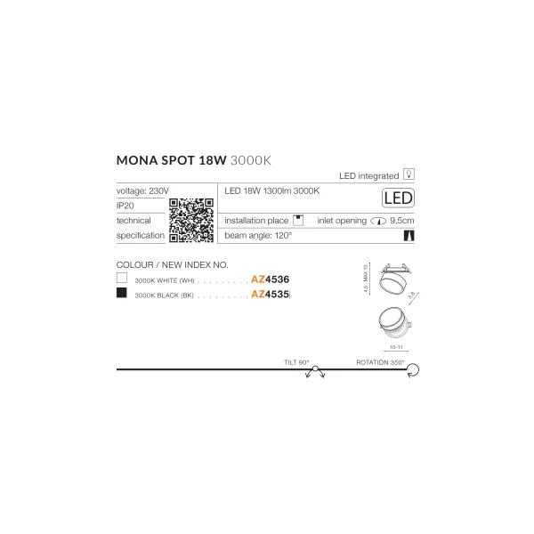 MONA SPOT 18W 3000K BK