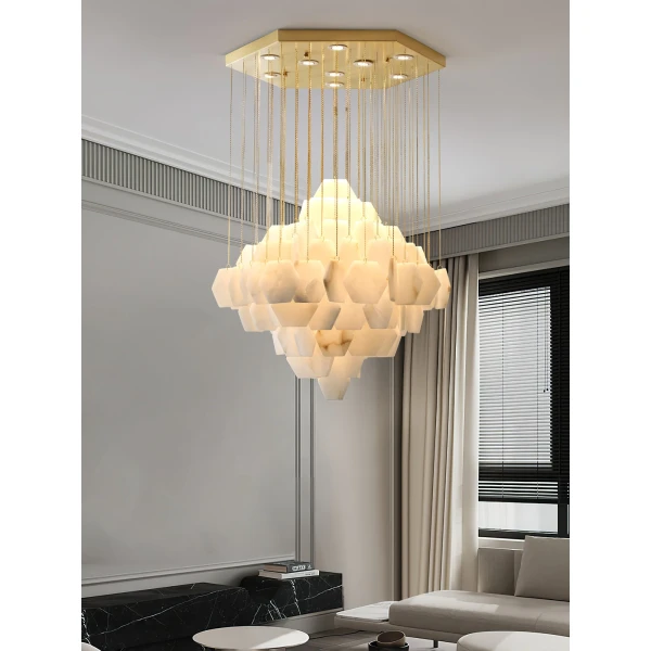 Каскадна люстра Hexa Alabaster — люстри дизайнерські, колір золото і білий, з матеріалу метал,  алебастр, стиль сучасний