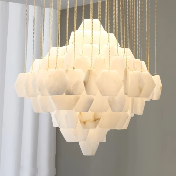 Каскадна люстра Hexa Alabaster — люстри дизайнерські, колір золото і білий, з матеріалу метал,  алебастр, стиль сучасний