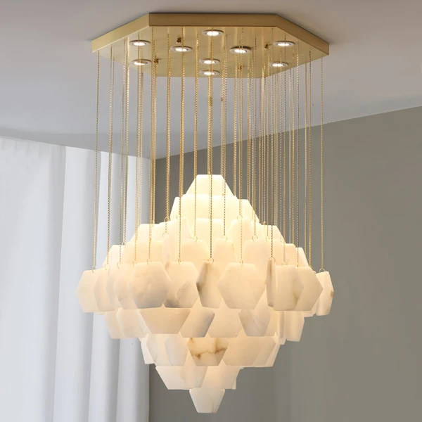 Каскадна люстра Hexa Alabaster — люстри дизайнерські, колір золото і білий, з матеріалу метал,  алебастр, стиль сучасний