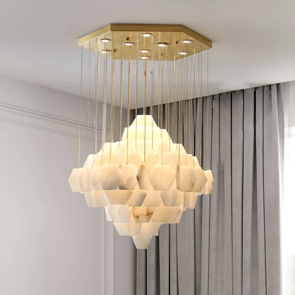 Каскадна люстра Hexa Alabaster — люстри дизайнерські, колір золото і білий, з матеріалу метал,  алебастр, стиль сучасний