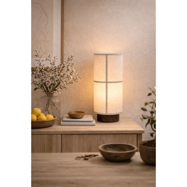 Настольная лампа Kanso Glow с аккумулятором — цвет ореха і бежевый, из материала метал, тканина, стиль модерн